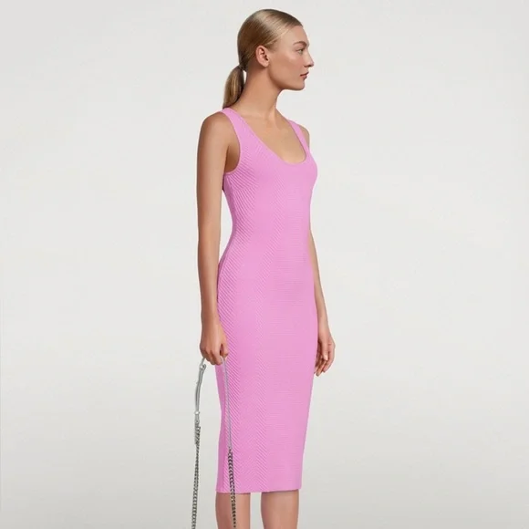 Hervé Léger bright pink Ottoman scoop neck sleeveless bodycon midi dress - Small - Picture 2 of 7